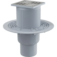 Сливной трап AlcaPlast APV2321 105 × 105/50/75, подводка – прямая, решетка – нержавеющая сталь, гидрозатвор – комбинированный гидрозатвор SMART