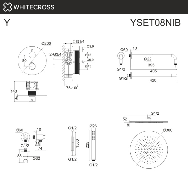 Термостатическая душевая система скрытого монтажа WHITECROSS Y YSET08NIB (брашированный никель)