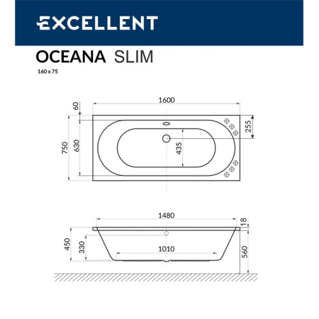 Ванна EXCELLENT Oceana Slim 160x75 "NANO" (золото)