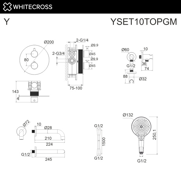 Термостатическая система для ванны скрытого монтажа WHITECROSS Y YSET10TOPGM (оружейная сталь)