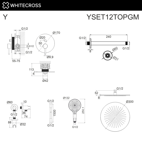 Система для душа скрытого монтажа WHITECROSS Y YSET12TOPGM (оружейная сталь)