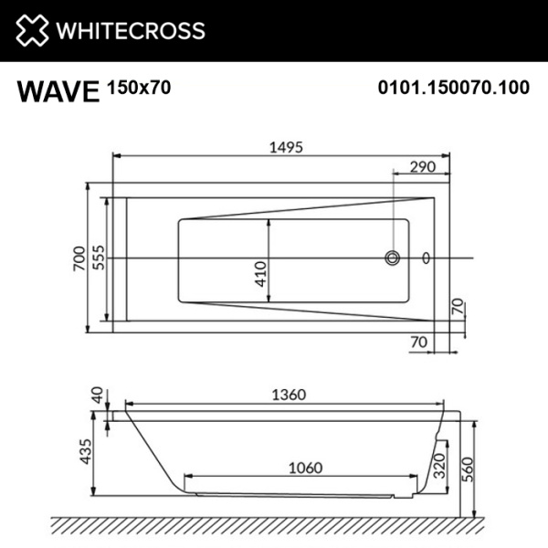 Ванна WHITECROSS Wave 150x70 "ULTRA NANO" (золото)