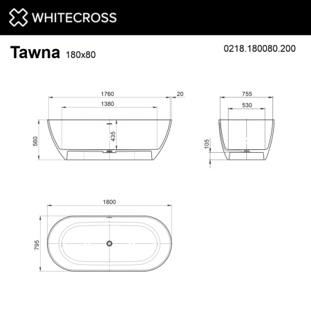 Ванна WHITECROSS Tawna 180x80 (белый мат) иск. камень
