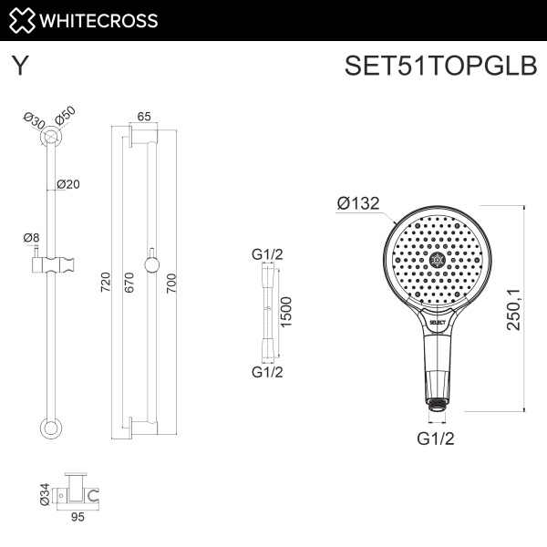 Душевой гарнитур на штанге WHITECROSS SET51TOPGLB (брашированное золото)