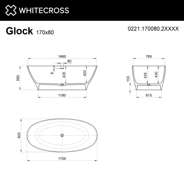 Ванна WHITECROSS Glock 170x80 (RAL мат) иск. камень