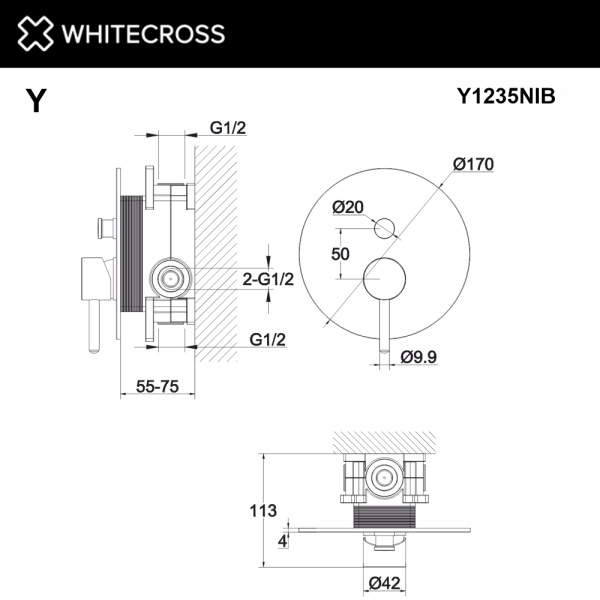 Смеситель для душа скрытого монтажа WHITECROSS Y Y1235NIB (брашированный никель)