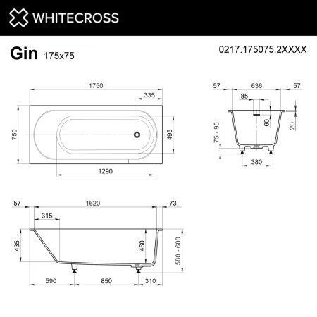 Ванна WHITECROSS Gin 175x75 (RAL мат) иск. камень