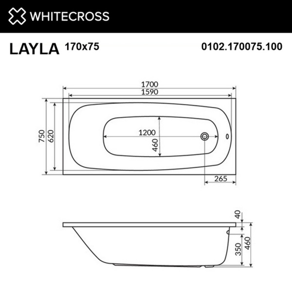 Ванна WHITECROSS Layla 170x75 "NANO" (золото)