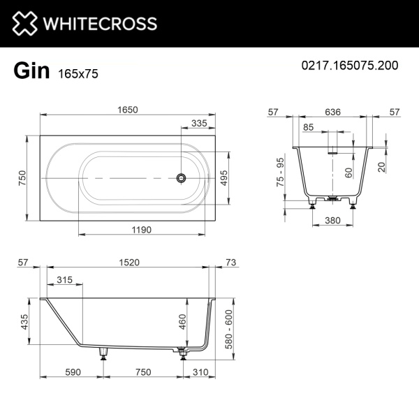 Ванна WHITECROSS Gin 165x75 (белый мат) иск. камень