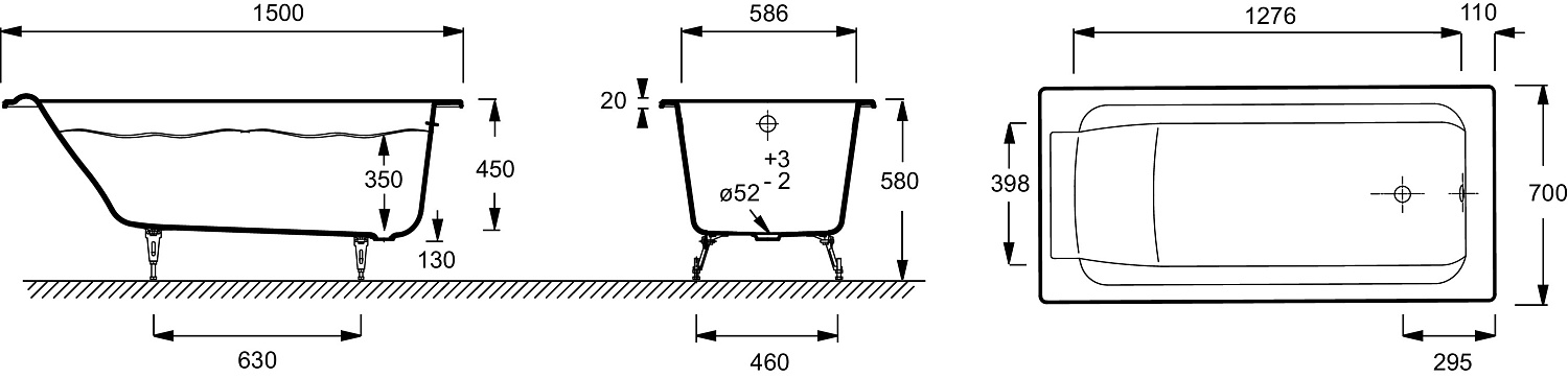 RUB PARALLEL E2946-00 ванна 150х70 без отверстий для ручек