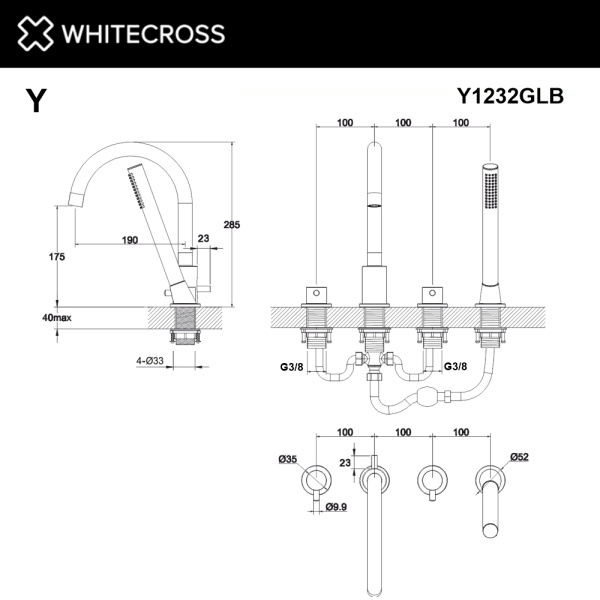 Смеситель для ванны на 4 отверстия WHITECROSS Y Y1232GLB (брашированное золото)