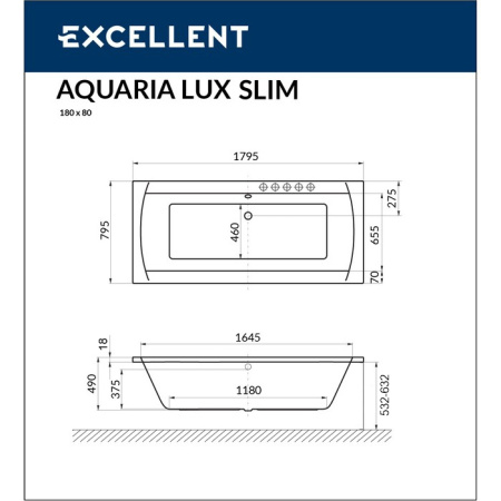 Ванна EXCELLENT Aquaria Lux Slim 180x80 "NANO" (золото)