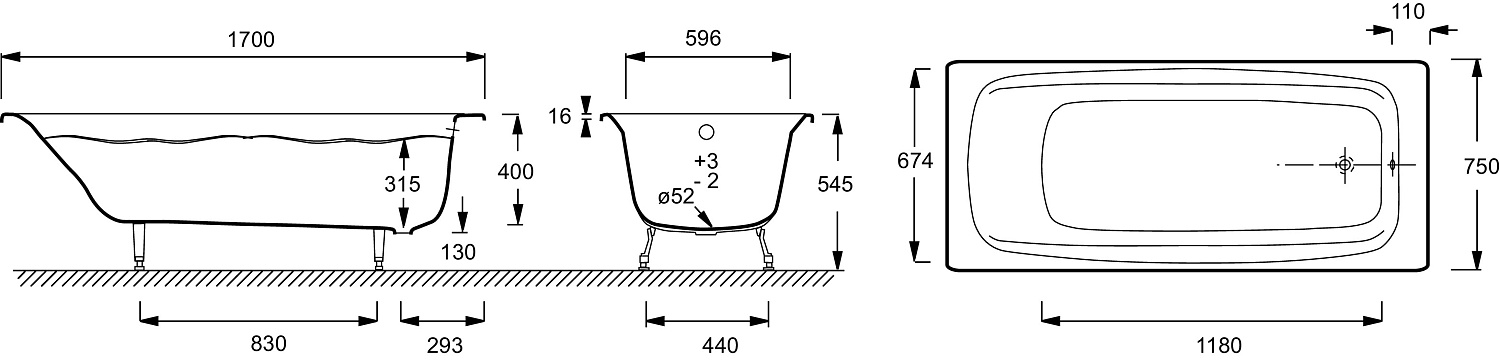 RUB DIAPASON E2937-00 ванна 170х75 без отверстий для ручек