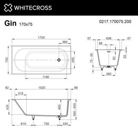 Ванна WHITECROSS Gin 170x75 (белый мат) иск. камень