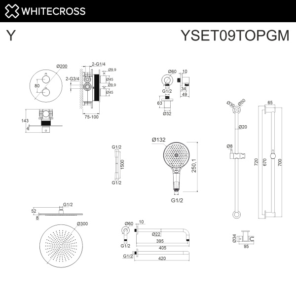 Термостатическая душевая система скрытого монтажа WHITECROSS Y YSET09TOPGM (оружейная сталь)