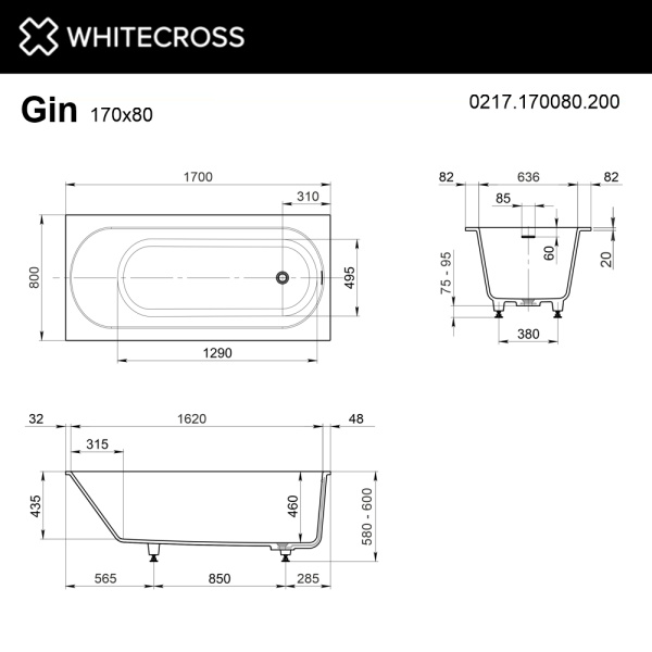 Ванна WHITECROSS Gin 170x80 (белый мат) иск. камень