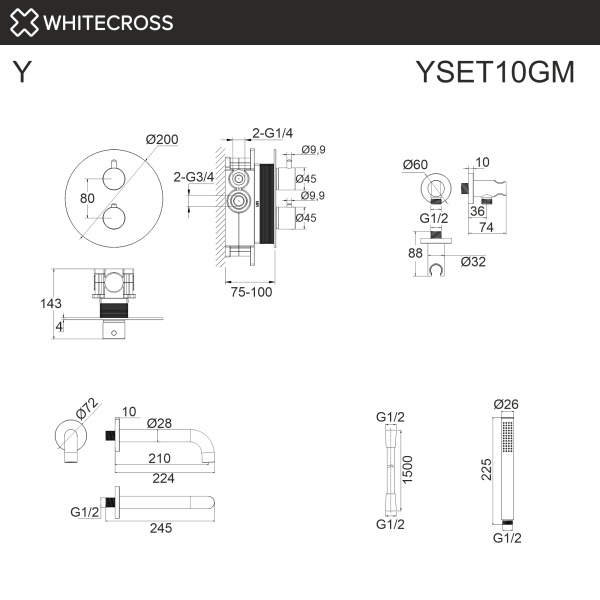 Термостатическая система для ванны скрытого монтажа WHITECROSS Y YSET10GM (оружейная сталь)