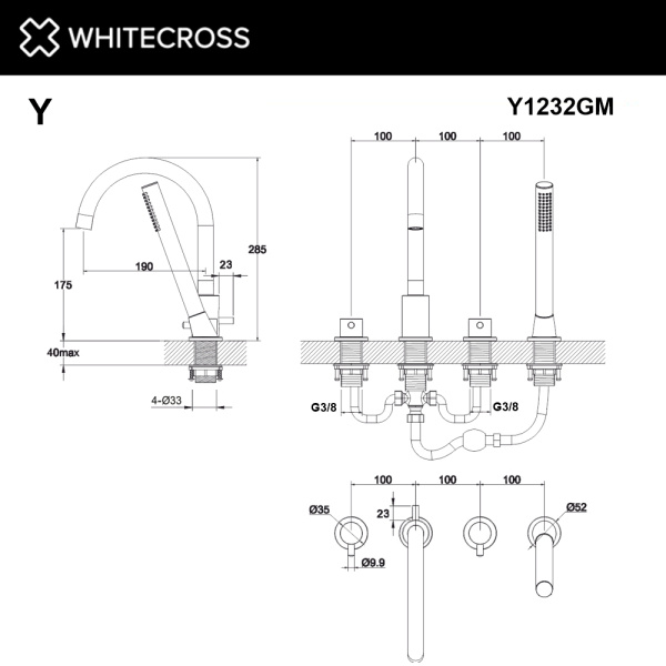 Смеситель для ванны на 4 отверстия WHITECROSS Y Y1232GM (оружейная сталь)